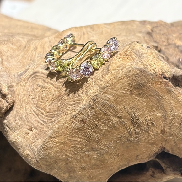 Multicolor Pastel Purple Pink Yellow Gemstone Hoop Gold Tone Earrings - Picture 14 of 15